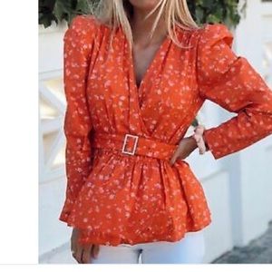 Zara floral red wrap shirt with belt